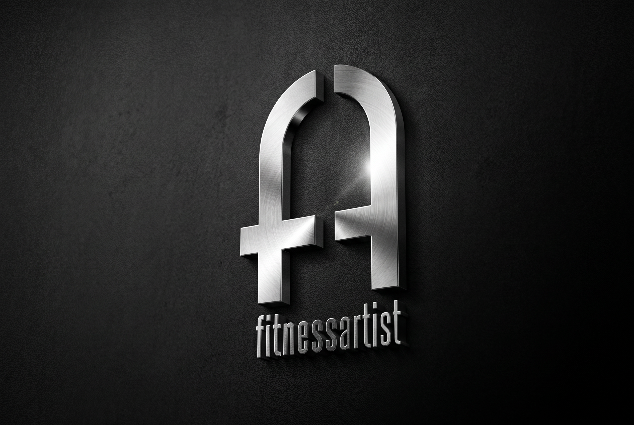 The Fitness Artist mark rendered in brushed silver on a matte black wall